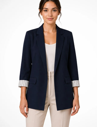 Women's Breathable Fabric Oversized Blazer | Stylish Relaxed Fit Jacket with Striped Cuffs 0