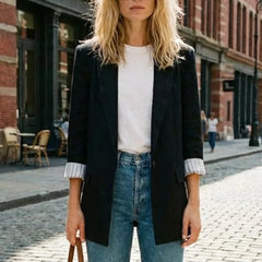 Women's Breathable Fabric Oversized Blazer | Stylish Relaxed Fit Jacket with Striped Cuffs 7