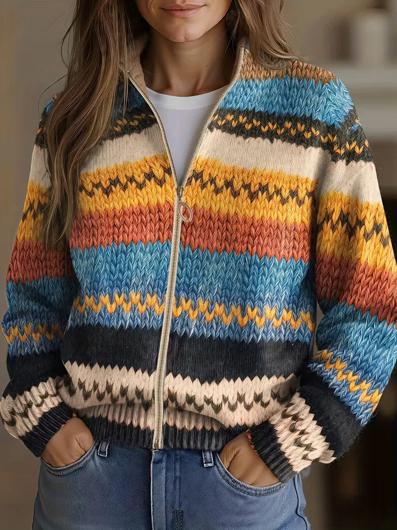 Women's Chevron Knit Cardigan | Relaxed Zip-Up Layering Piece 0