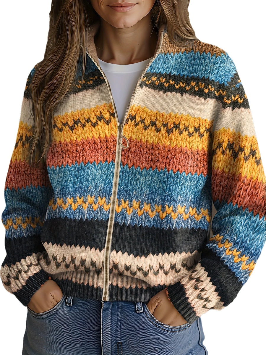 Women's Chevron Knit Cardigan | Relaxed Zip-Up Layering Piece 1