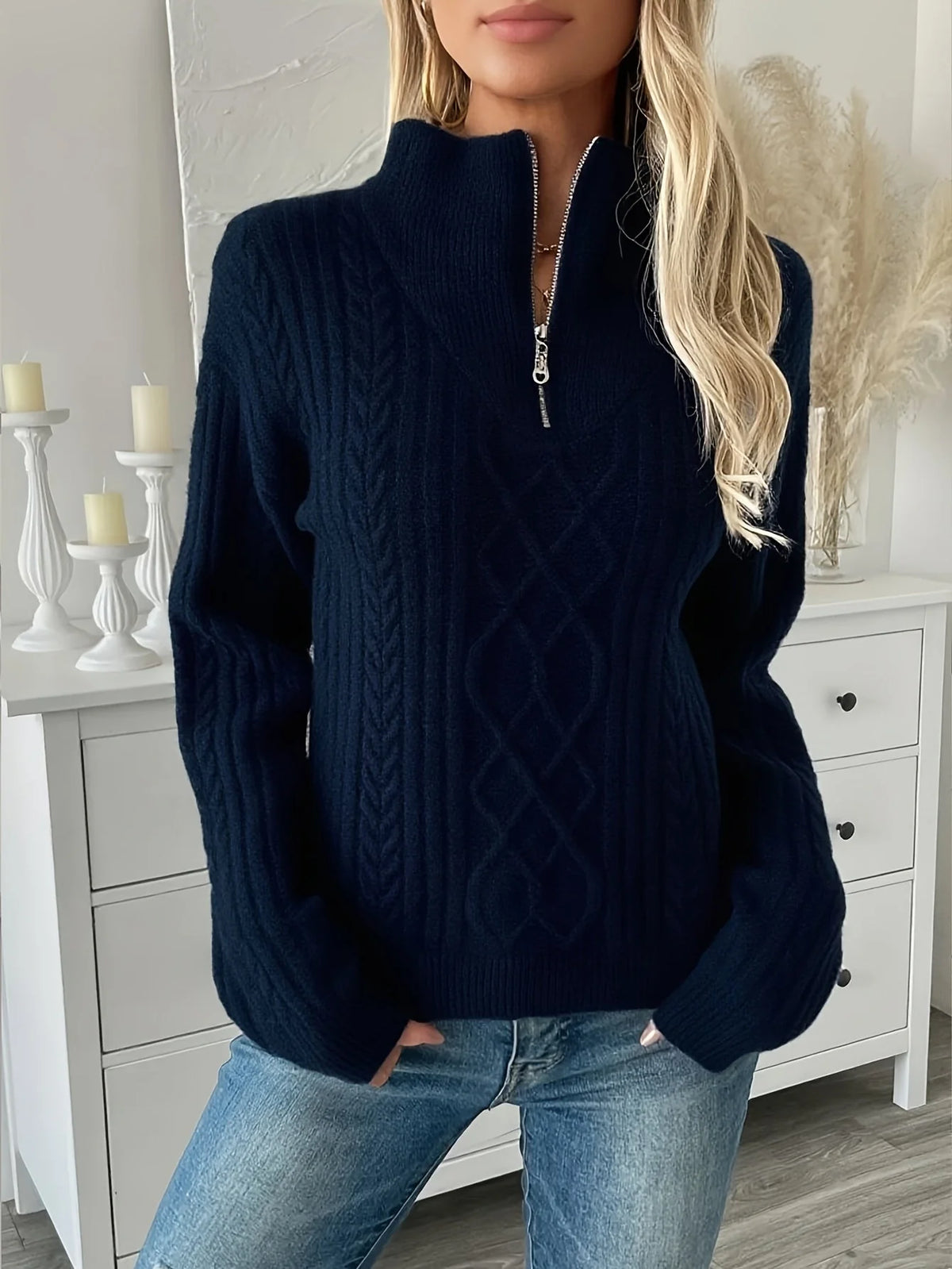 Women's Cozy Cable Knit Half-Zip Sweater | Relaxed Oversized Pullover 3