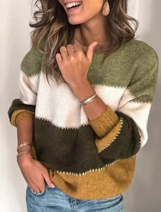 Women's Cozy Color-Block Striped Sweater | Relaxed Fit Oversized Knit Top for Fall & Winter 0
