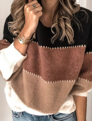 Women's Cozy Color-Block Striped Sweater | Relaxed Fit Oversized Knit Top for Fall & Winter 4