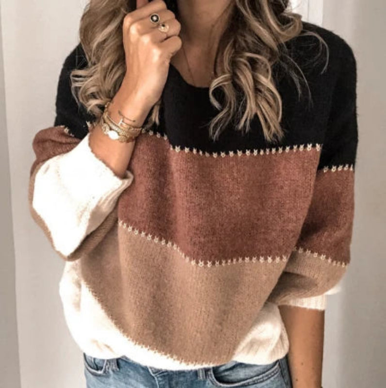 Women's Cozy Color-Block Striped Sweater | Relaxed Fit Oversized Knit Top for Fall & Winter 4