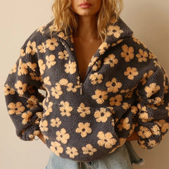Women's Cozy Sherpa Fleece Pullover | Floral Quarter-Zip Oversized Top 0