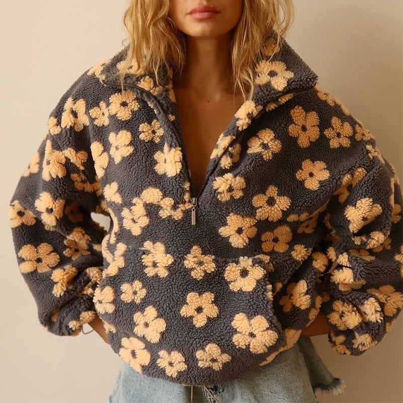 Women's Cozy Sherpa Fleece Pullover | Floral Quarter-Zip Oversized Top 0