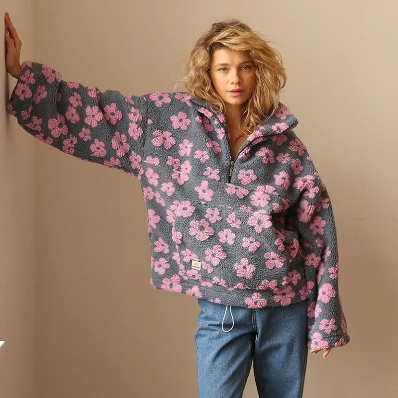 Women's Cozy Sherpa Fleece Pullover | Floral Quarter-Zip Oversized Top 2
