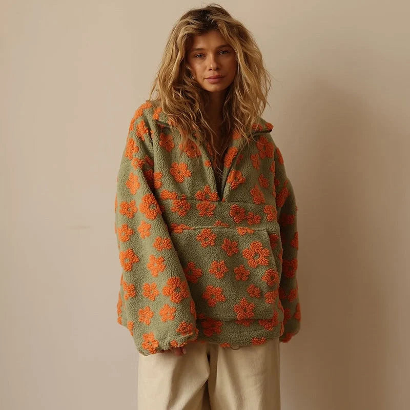 Women's Cozy Sherpa Fleece Pullover | Floral Quarter-Zip Oversized Top 3