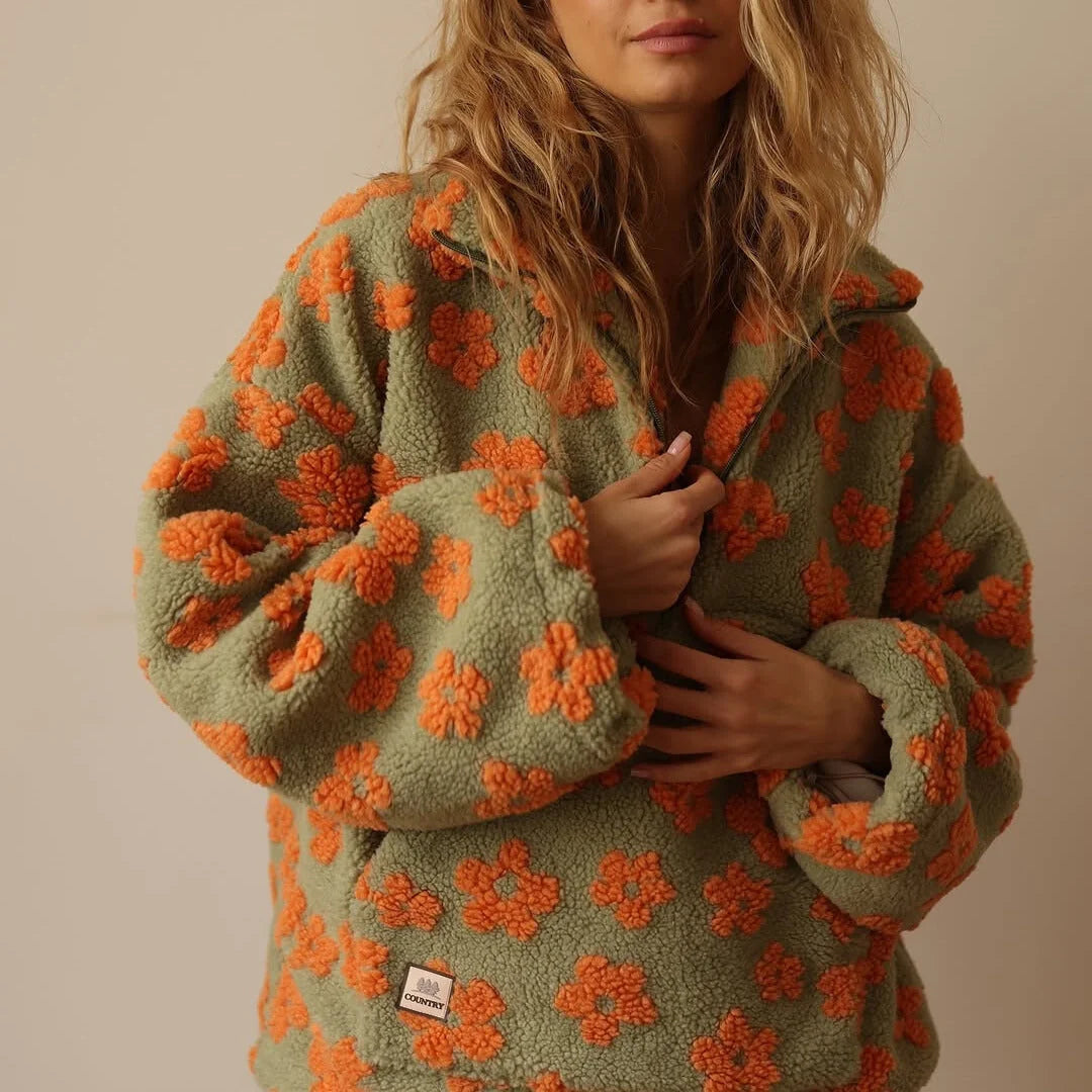 Women's Cozy Sherpa Fleece Pullover | Floral Quarter-Zip Oversized Top 5