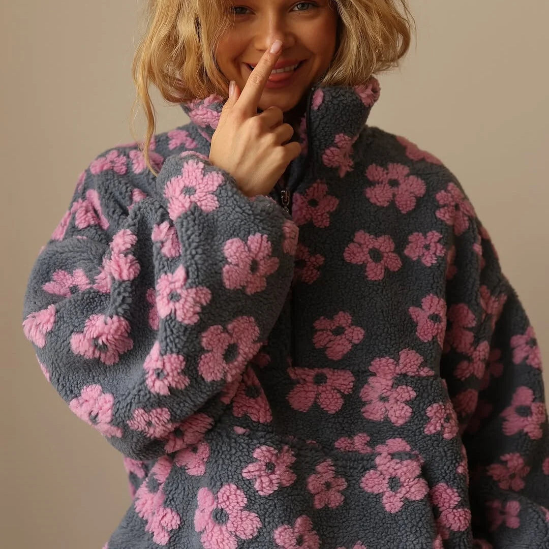 Women's Cozy Sherpa Fleece Pullover | Floral Quarter-Zip Oversized Top 6