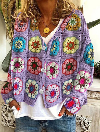 Women's Crochet Patchwork Cropped Cardigan | Stylish V-Neck Layering Sweater 0