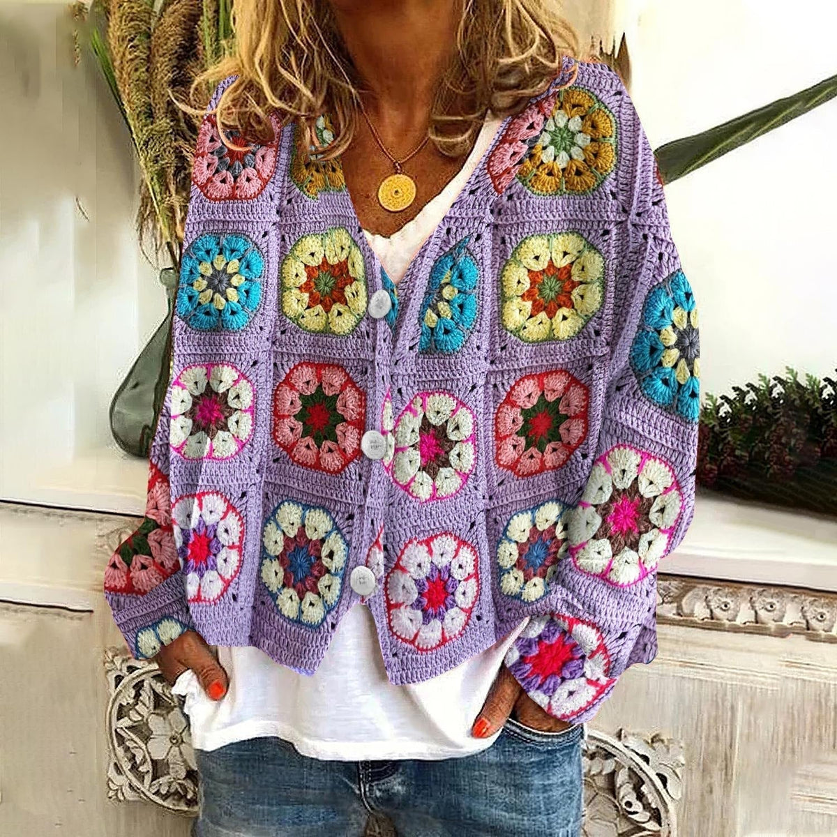 Women's Crochet Patchwork Cropped Cardigan | Stylish V-Neck Layering Sweater 0