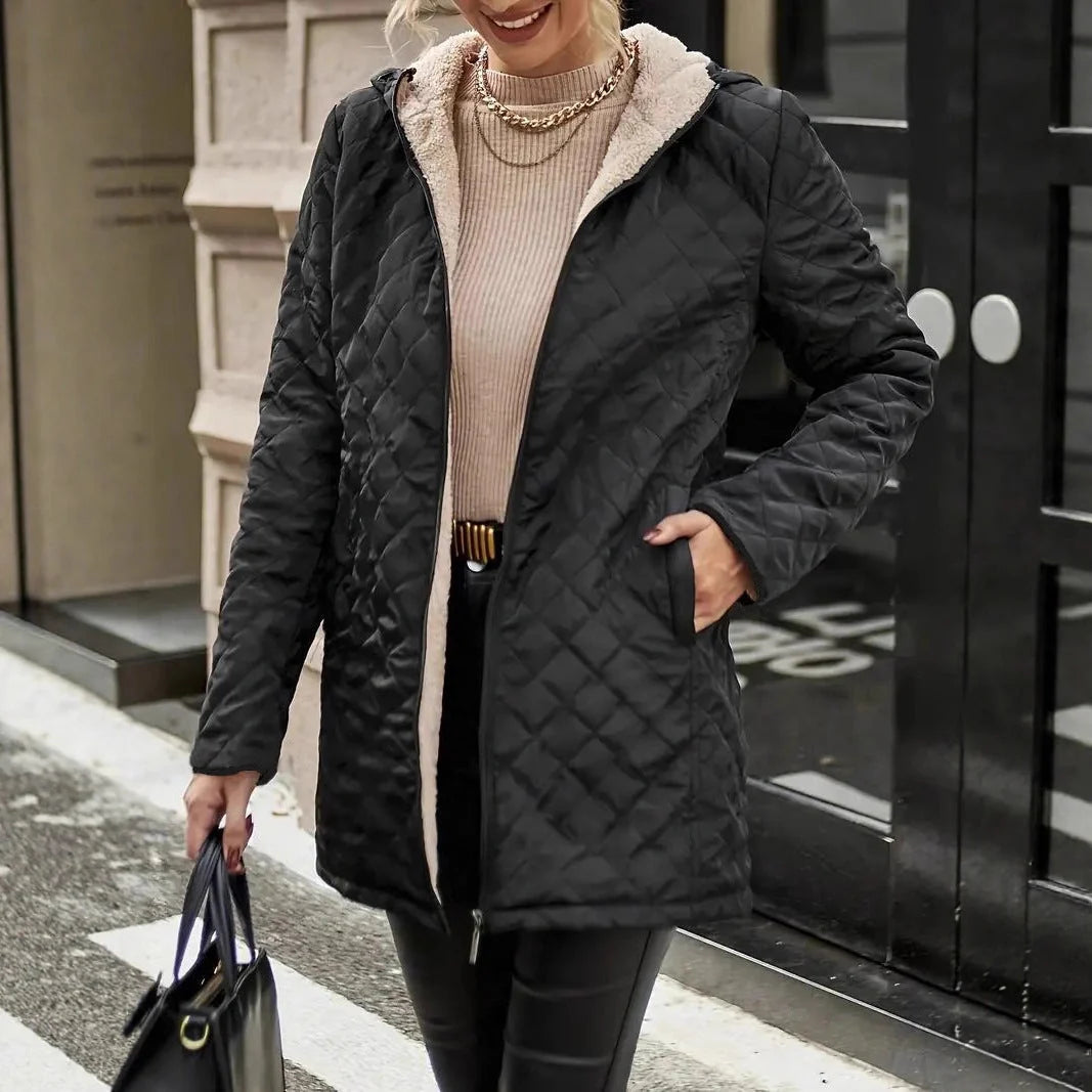 Women's Diamond-Quilted Puffer Jacket | Cozy Longline Black Outerwear for Winter 2