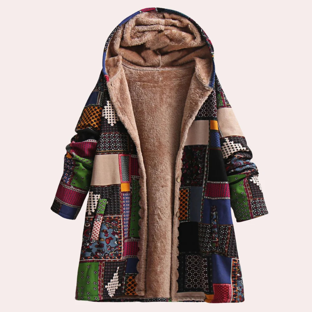 Women's Fleece-Lined Hooded Coat | Cozy Bohemian Patchwork Design 0