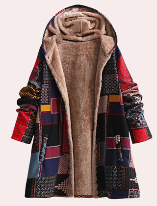 Women's Fleece-Lined Hooded Coat | Cozy Bohemian Patchwork Design 1