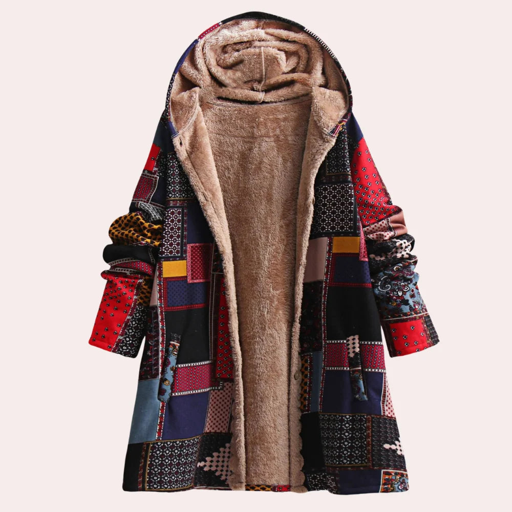 Women's Fleece-Lined Hooded Coat | Cozy Bohemian Patchwork Design 1