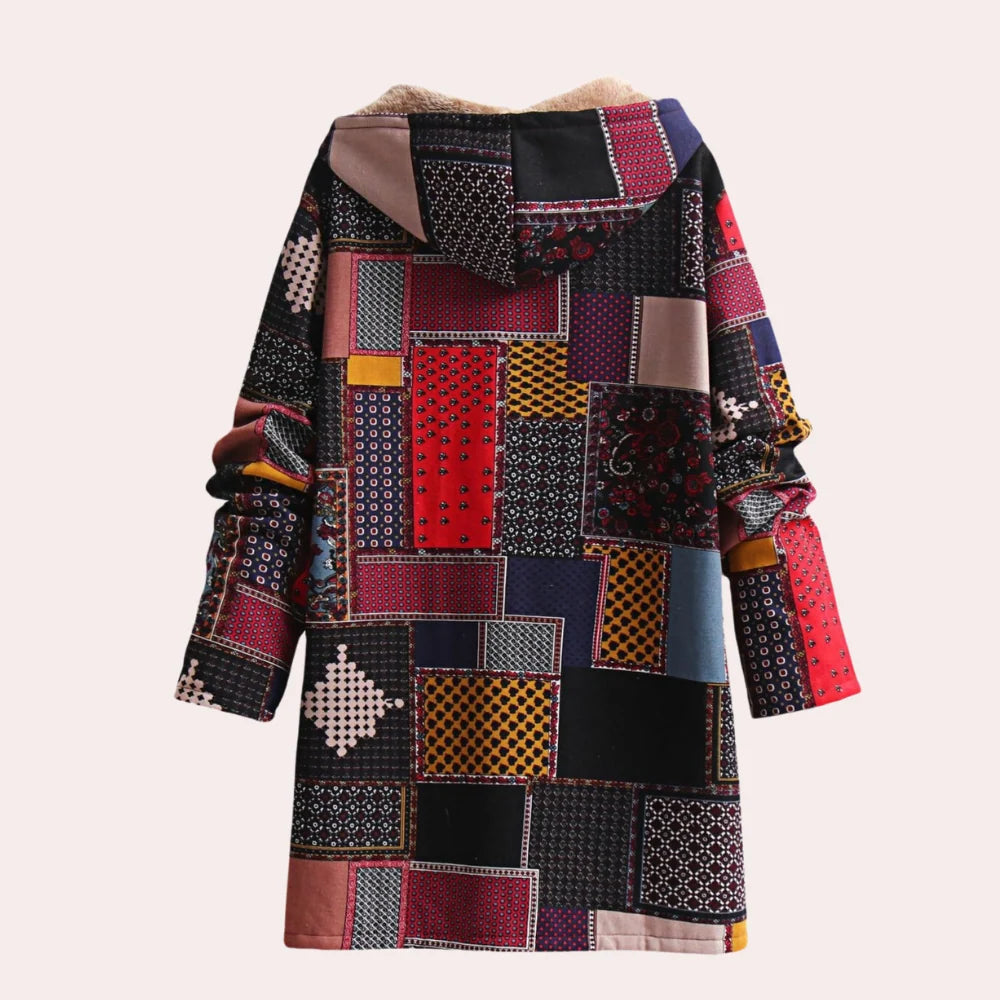 Women's Fleece-Lined Hooded Coat | Cozy Bohemian Patchwork Design 2