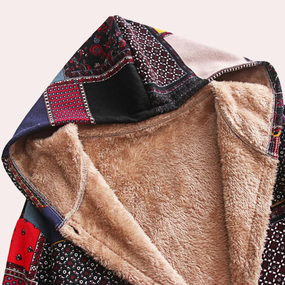 Women's Fleece-Lined Hooded Coat | Cozy Bohemian Patchwork Design 4
