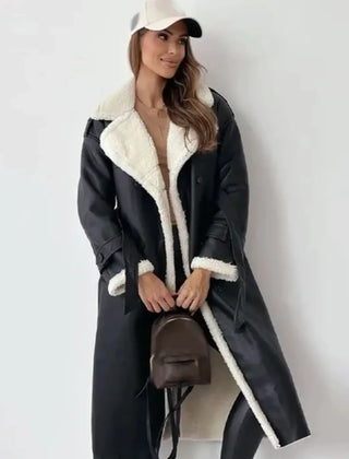 Women's Plush Shearling Coat | Elegant Double-Breasted Long Outerwear 0