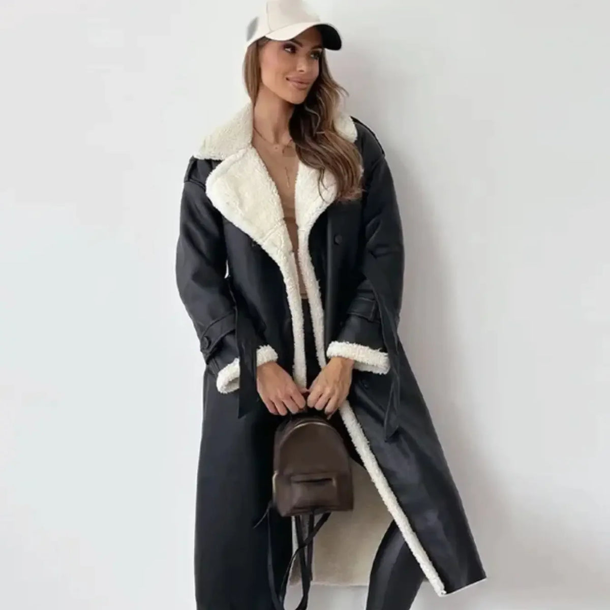 Women's Plush Shearling Coat | Elegant Double-Breasted Long Outerwear 0