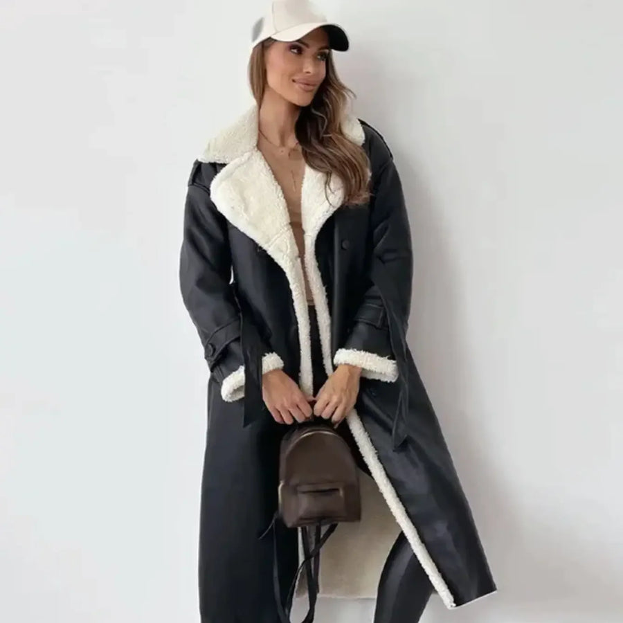 Women's Plush Shearling Coat | Elegant Double-Breasted Long Outerwear 0