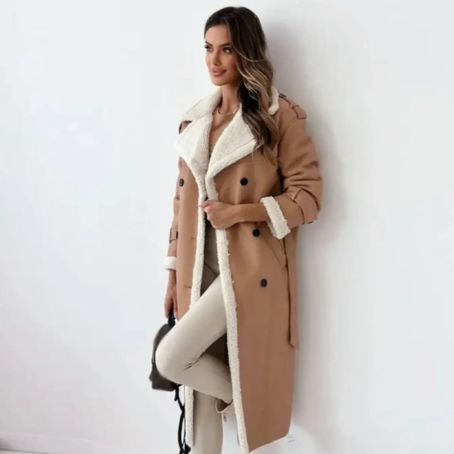 Women's Plush Shearling Coat | Elegant Double-Breasted Long Outerwear 1