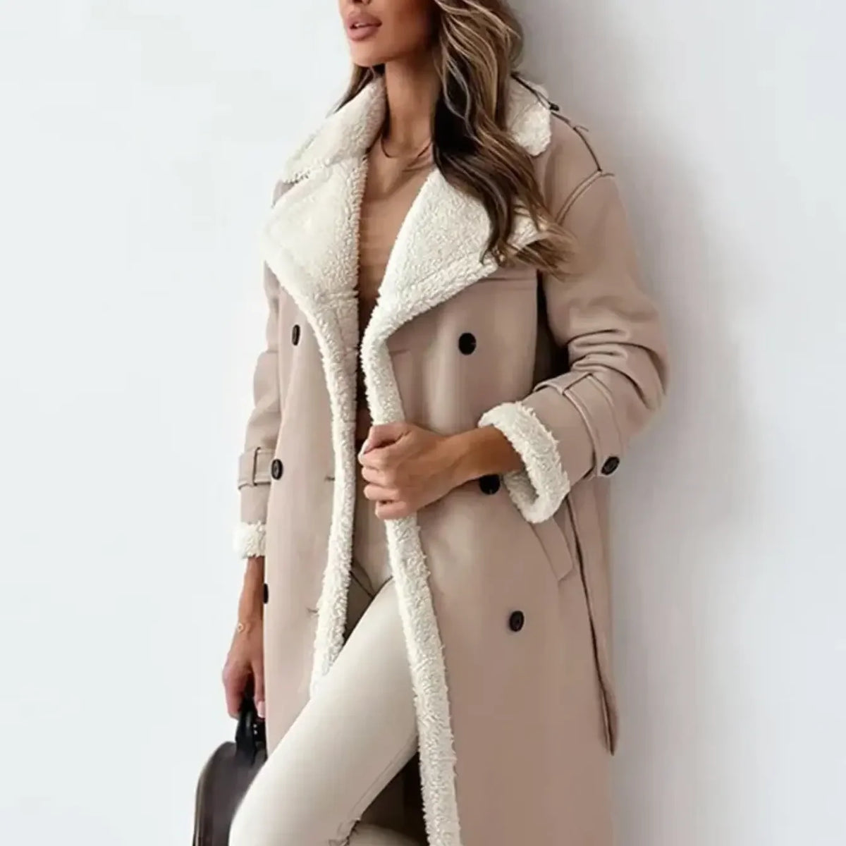 Women's Plush Shearling Coat | Elegant Double-Breasted Long Outerwear 3