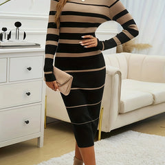 Women's Ribbed Knit Striped Midi Sweater Dress | Elegant Comfortable Fall Winter Outfit 0