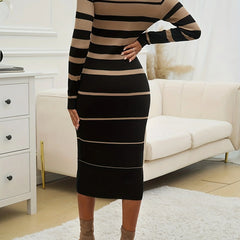 Women's Ribbed Knit Striped Midi Sweater Dress | Elegant Comfortable Fall Winter Outfit 2