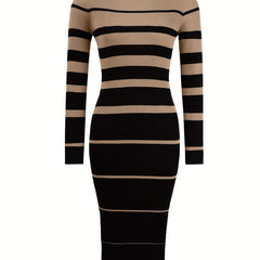 Women's Ribbed Knit Striped Midi Sweater Dress | Elegant Comfortable Fall Winter Outfit 5