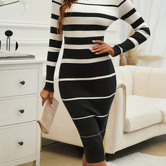 Women's Ribbed Knit Striped Midi Sweater Dress | Elegant Comfortable Fall Winter Outfit 6