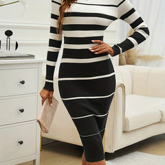 Women's Ribbed Knit Striped Midi Sweater Dress | Elegant Comfortable Fall Winter Outfit 7