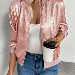 Women's Shiny Fabric Bomber Jacket | Relaxed Fit Lightweight Spring Layering Piece 0