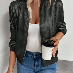 Women's Shiny Fabric Bomber Jacket | Relaxed Fit Lightweight Spring Layering Piece 12