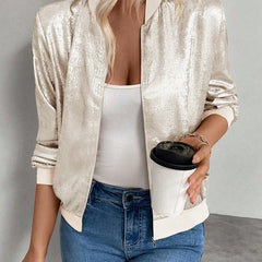 Women's Shiny Fabric Bomber Jacket | Relaxed Fit Lightweight Spring Layering Piece 4