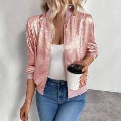Women's Shiny Fabric Bomber Jacket | Relaxed Fit Lightweight Spring Layering Piece 8