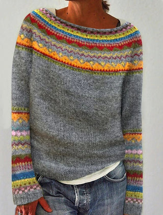 Women's Soft Knit Crew Neck Sweater | Cozy Fair Isle Patterned Fall Top 0