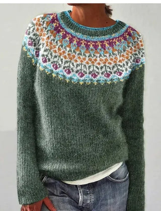 Women's Soft Knit Crew Neck Sweater | Cozy Fair Isle Patterned Fall Top 3