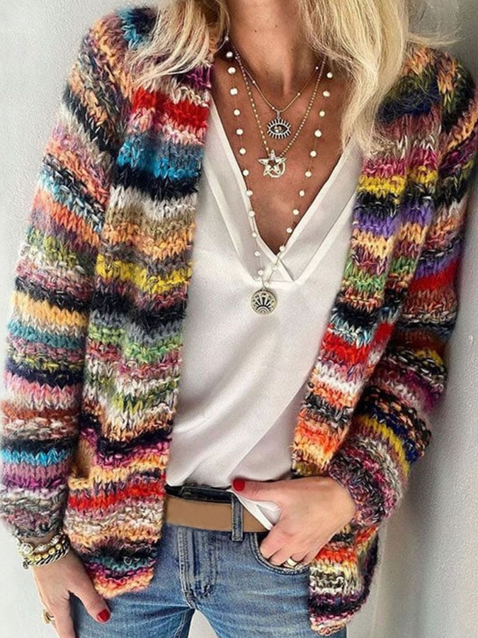 Women's Striped Knit Cardigan | Relaxed Open-Front Long Layering Sweater for Spring and Fall 0