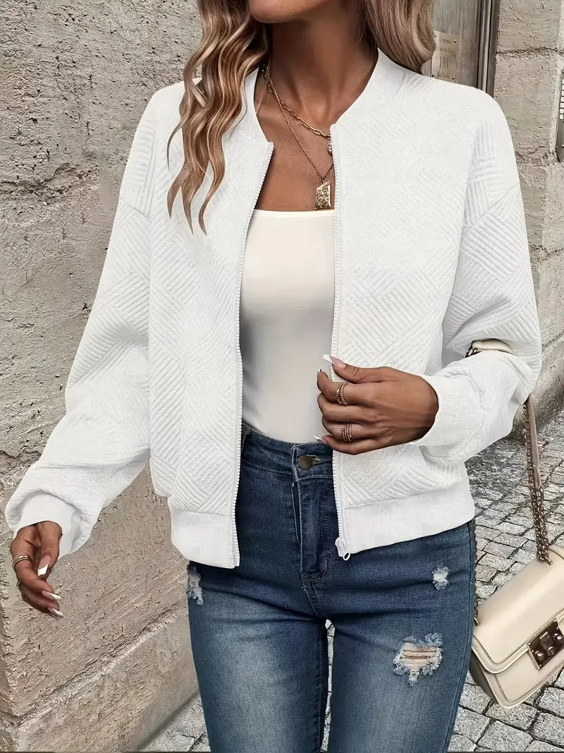 Women's Textured Knit Bomber Jacket | Relaxed Cropped Lightweight Layer 0