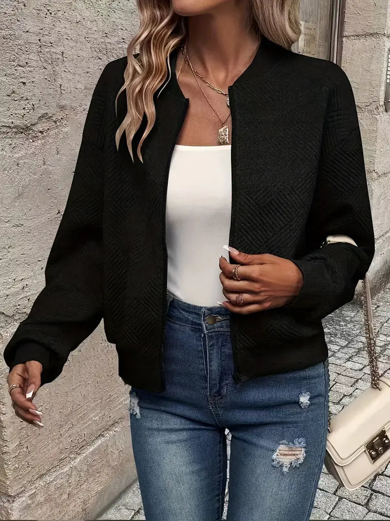 Women's Textured Knit Bomber Jacket | Relaxed Cropped Lightweight Layer 1