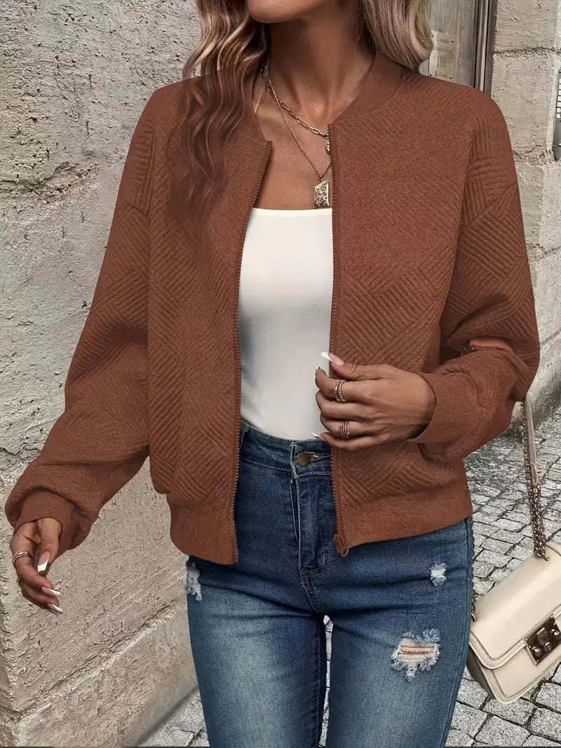 Women's Textured Knit Bomber Jacket | Relaxed Cropped Lightweight Layer 10