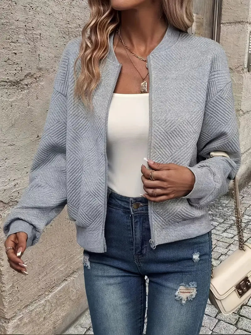 Women's Textured Knit Bomber Jacket | Relaxed Cropped Lightweight Layer 2