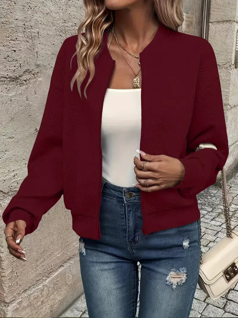 Women's Textured Knit Bomber Jacket | Relaxed Cropped Lightweight Layer 3