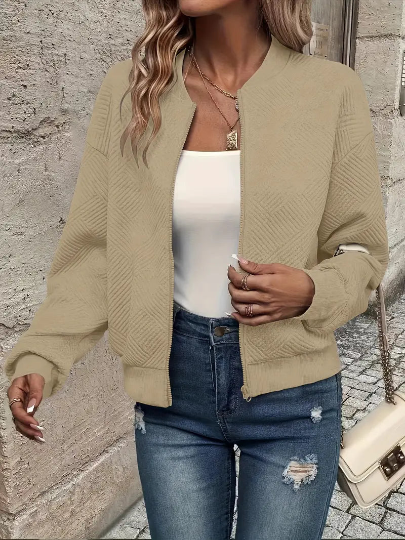 Women's Textured Knit Bomber Jacket | Relaxed Cropped Lightweight Layer 4