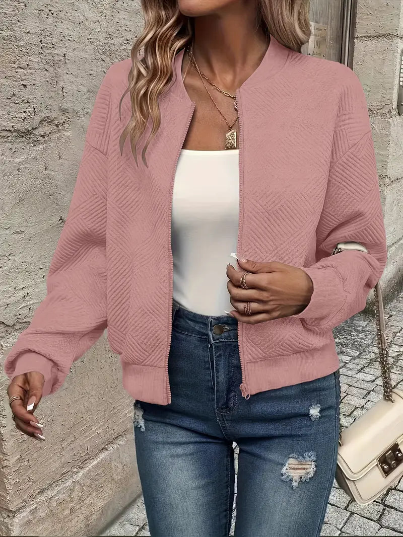 Women's Textured Knit Bomber Jacket | Relaxed Cropped Lightweight Layer 5