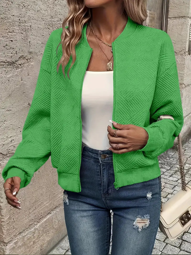 Women's Textured Knit Bomber Jacket | Relaxed Cropped Lightweight Layer 7