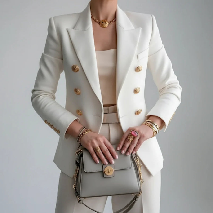 Women's Woven Crepe Blazer | Elegant Double-Breasted Tailored Jacket for Autumn, Spring, Winter 0