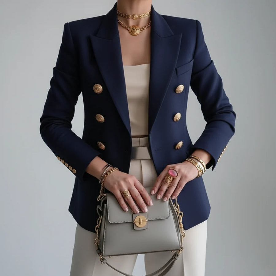 Women's Woven Crepe Blazer | Elegant Double-Breasted Tailored Jacket for Autumn, Spring, Winter 1